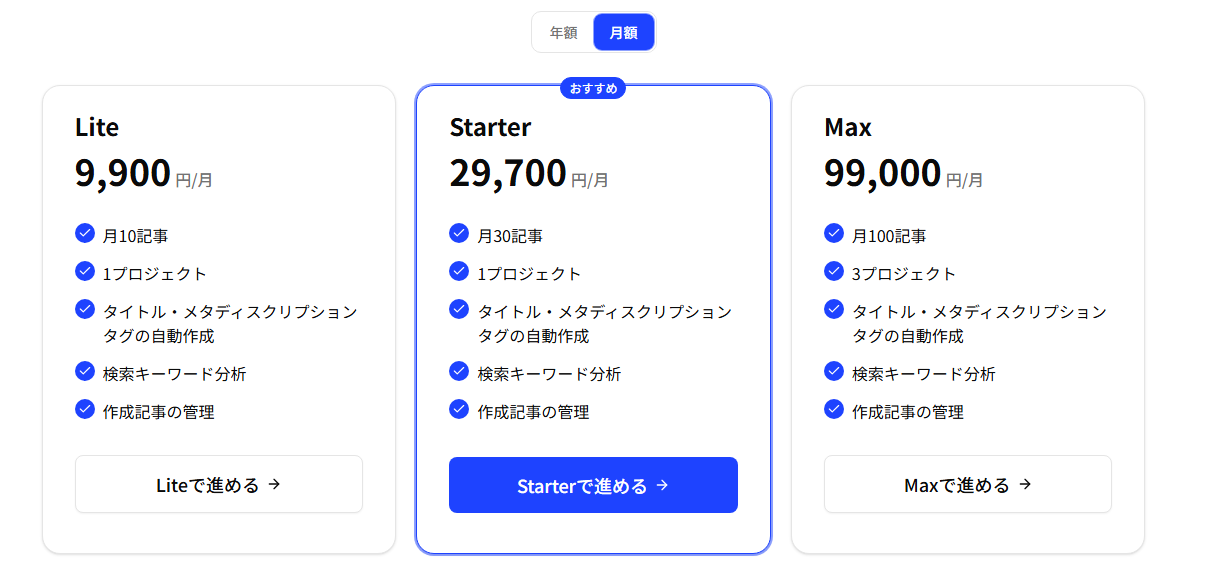 AIブログくんGOLDの月額料金プランと記事数の画面